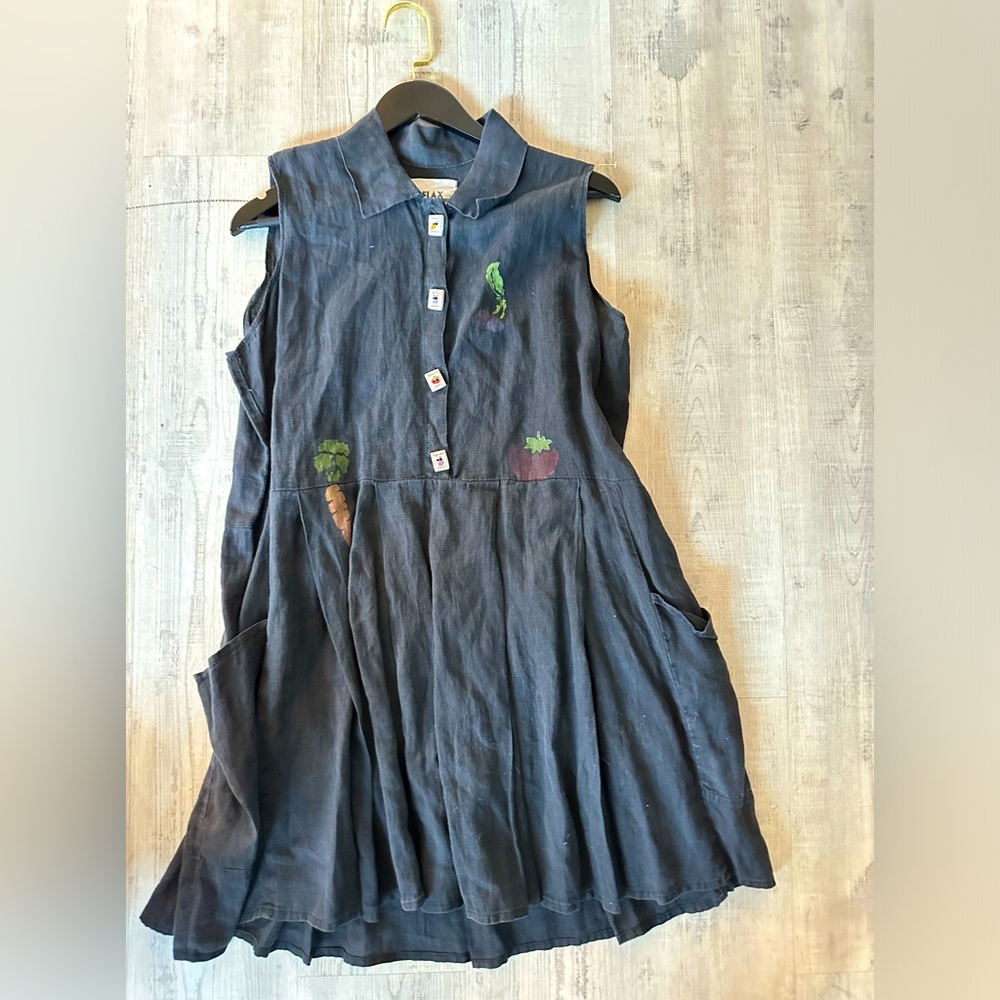 FLAX Grey Linen Dress Sleeveless Seeds Buttons Vegetables Pockets Unique Pleats